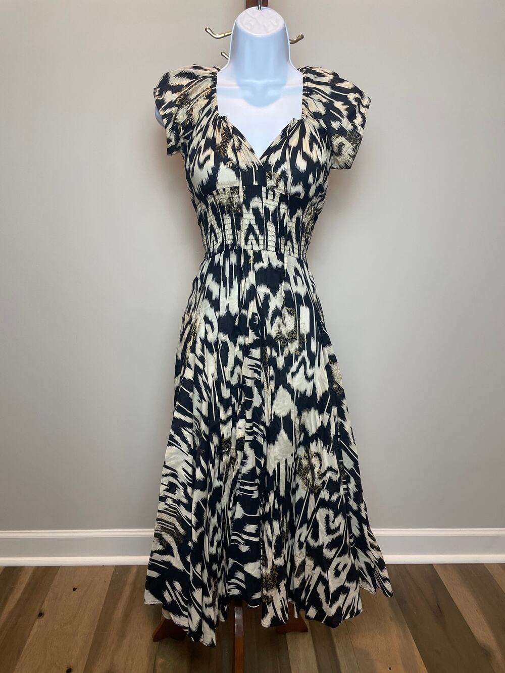 Grace Elements Dress Size S Black Beige Animal Print Gold Accent Cotton